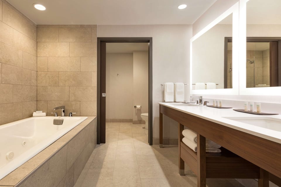 Designer toiletries, hair dryer, towels, soap