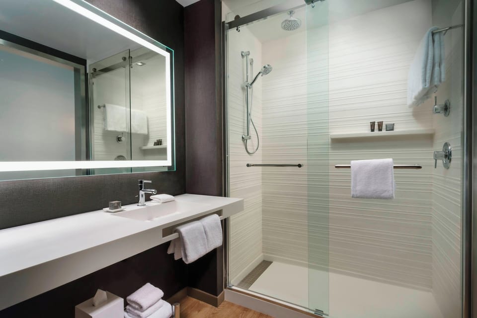 Shower, rainfall showerhead, eco-friendly toiletries, hair dryer