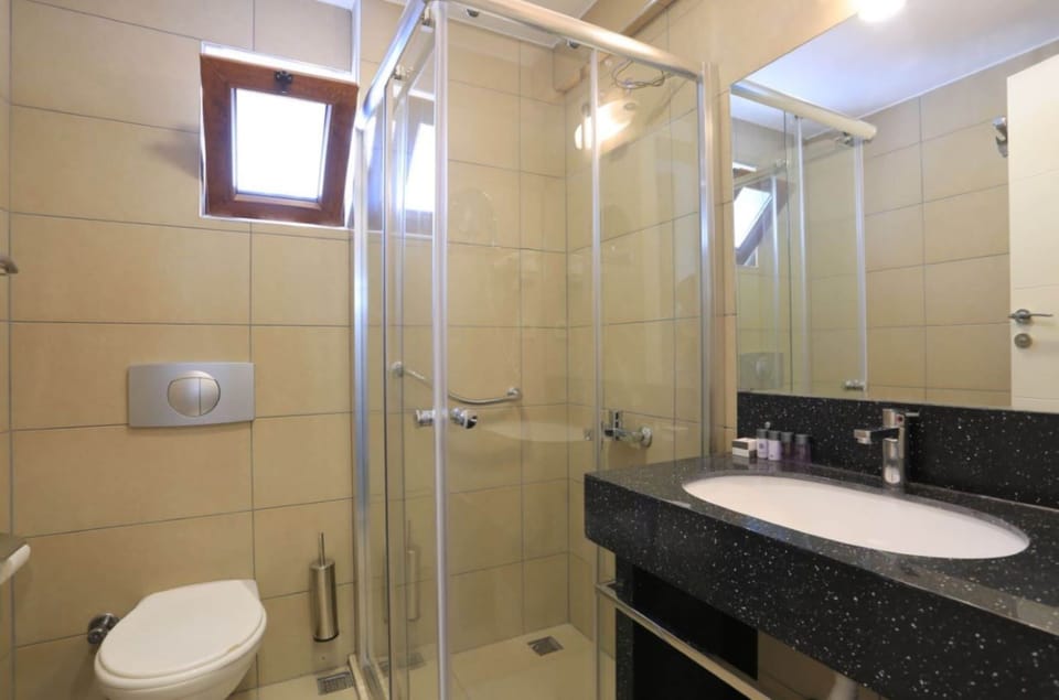 Shower, free toiletries, hair dryer, slippers