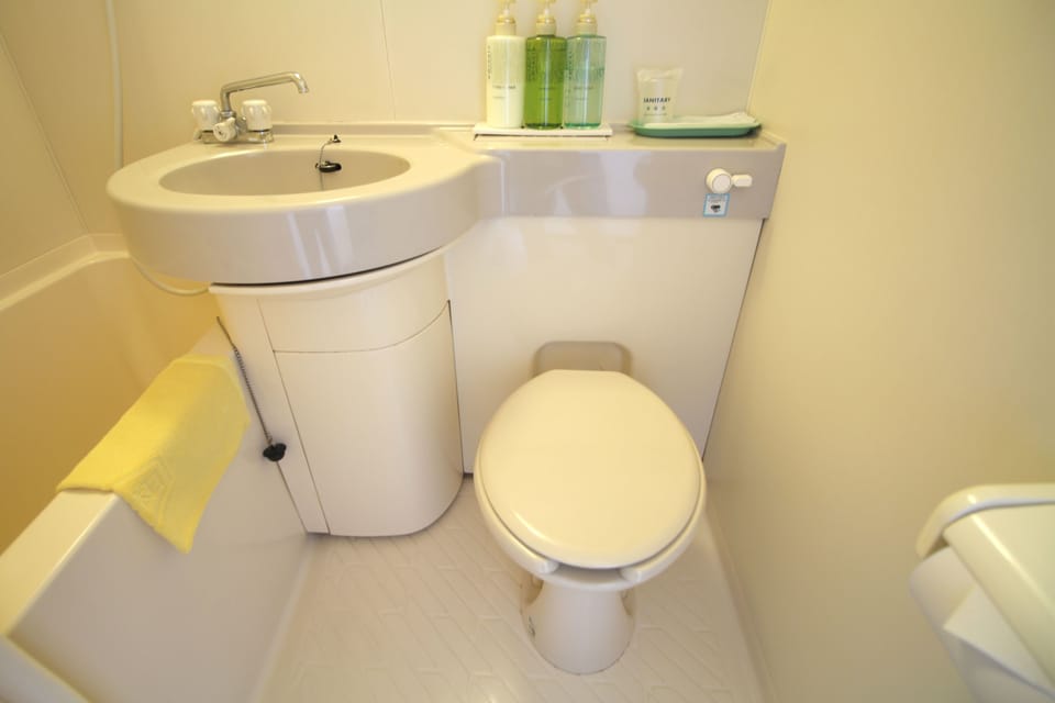 Combined shower/tub, deep soaking tub, free toiletries, hair dryer