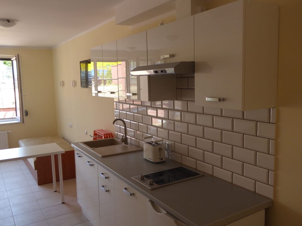 Economy Studio | Private kitchenette | Fridge, stovetop, electric kettle, cookware/dishes/utensils