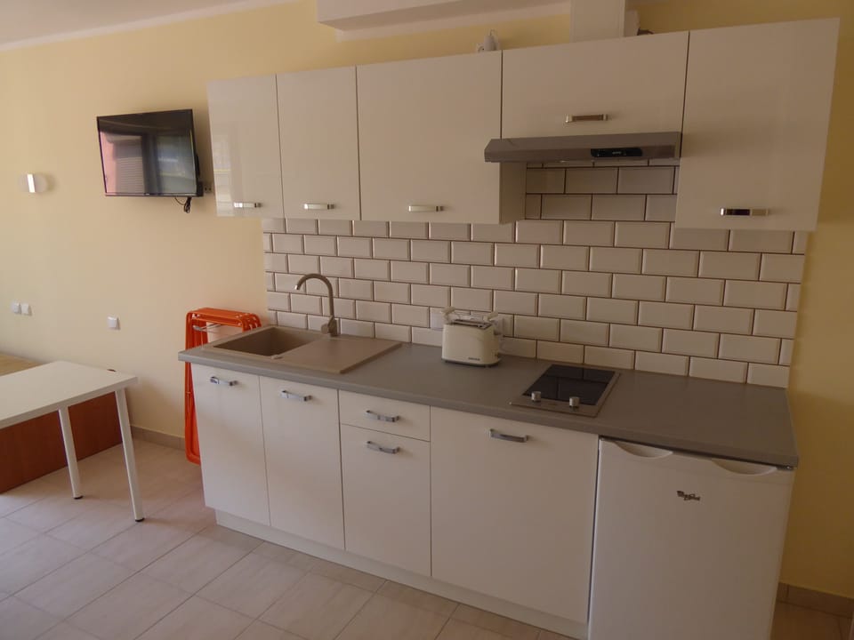 Economy Studio | Private kitchen | Fridge, stovetop, electric kettle, cookware/dishes/utensils