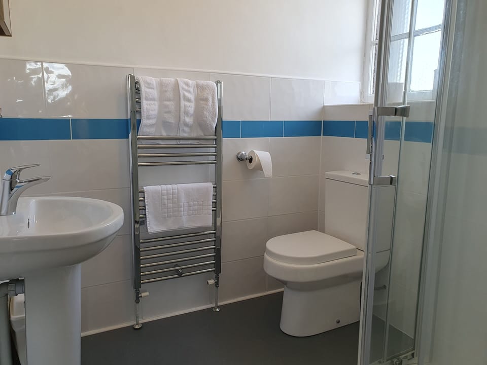 Shower, free toiletries, hair dryer, towels