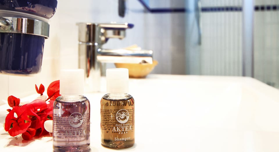Combined shower/tub, free toiletries, hair dryer, slippers