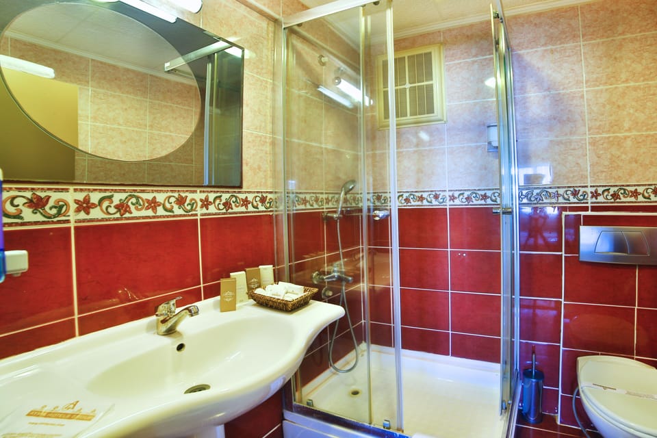 Shower, free toiletries, hair dryer, slippers