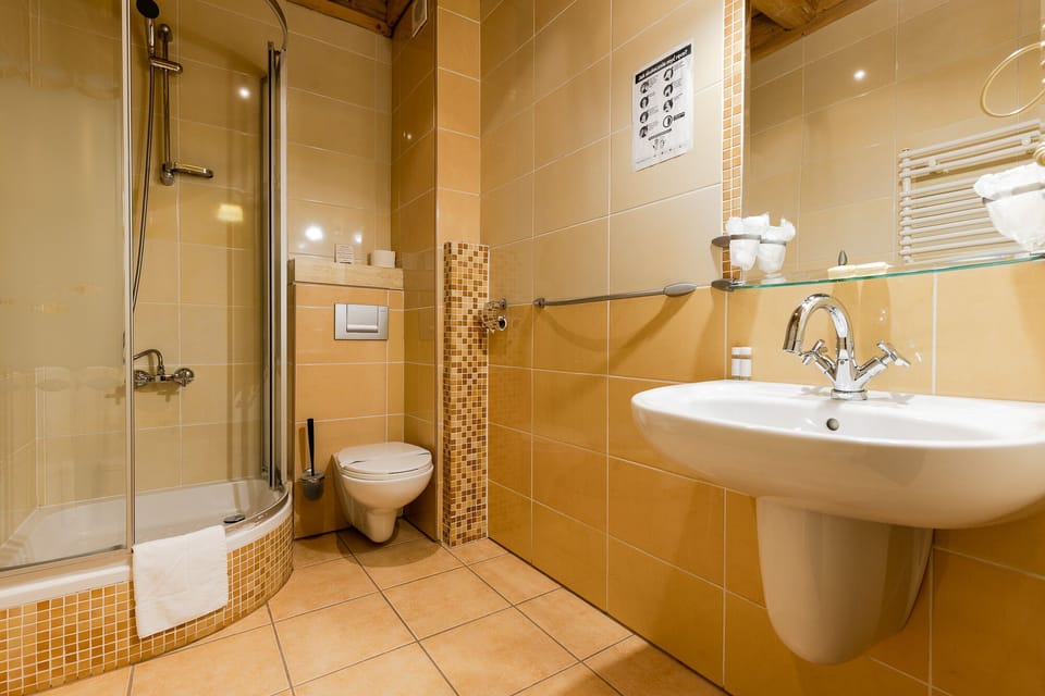 Shower, free toiletries, hair dryer, towels