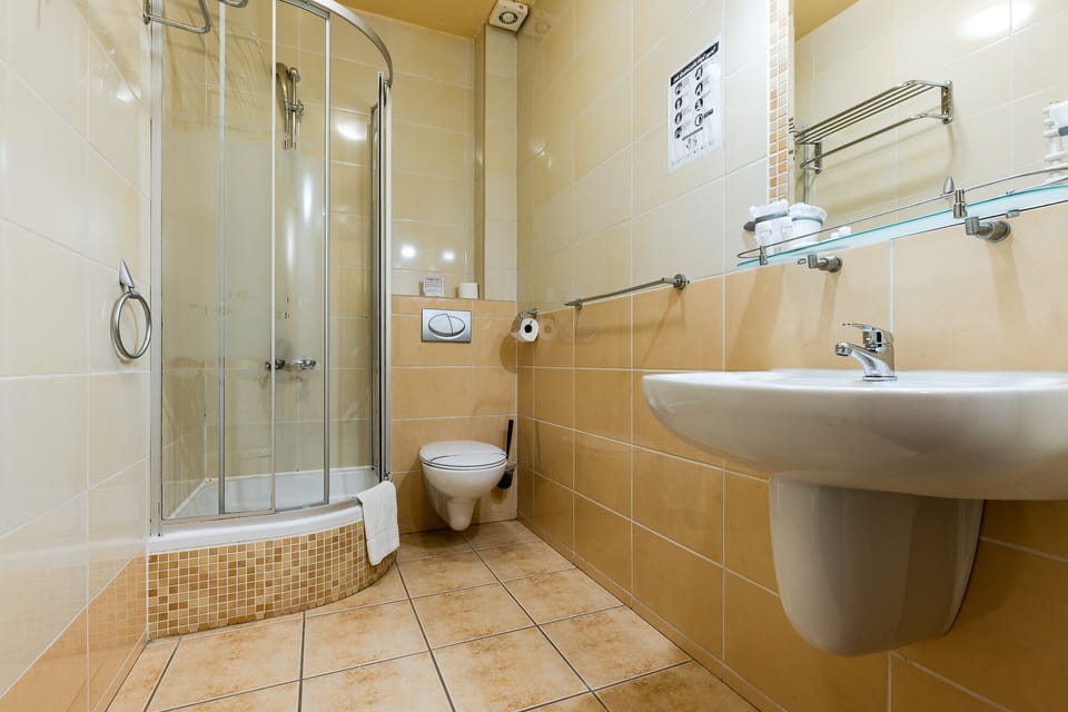 Shower, free toiletries, hair dryer, towels