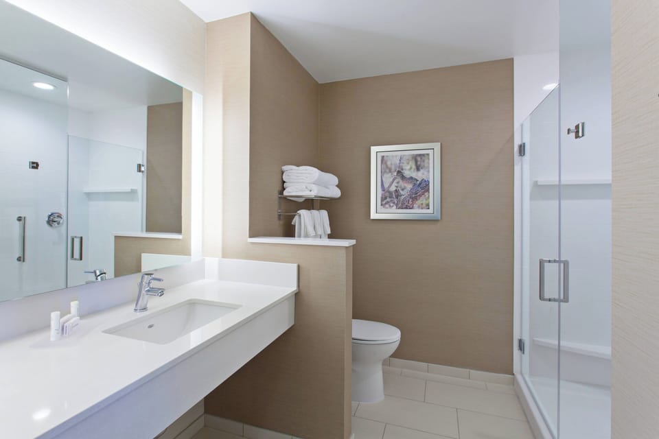 Combined shower/tub, free toiletries, hair dryer, towels