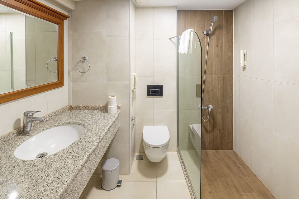 Shower, hair dryer, bathrobes, slippers