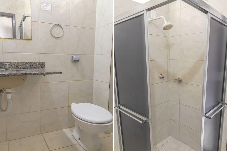 Shower, free toiletries, towels, soap