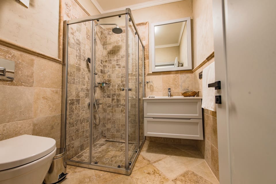 Shower, free toiletries, hair dryer, slippers