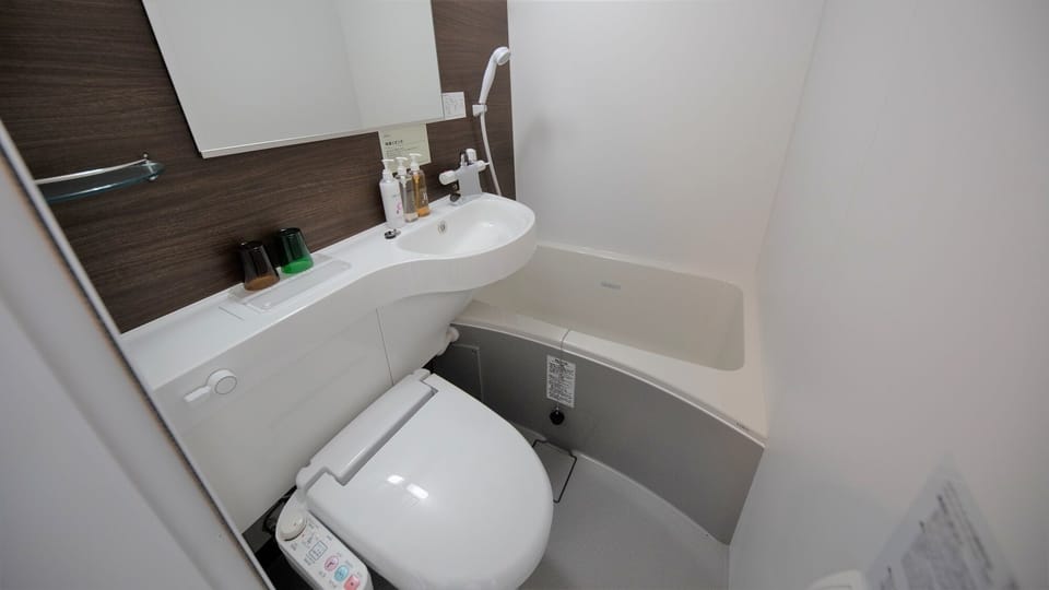 Combined shower/tub, free toiletries, hair dryer, slippers
