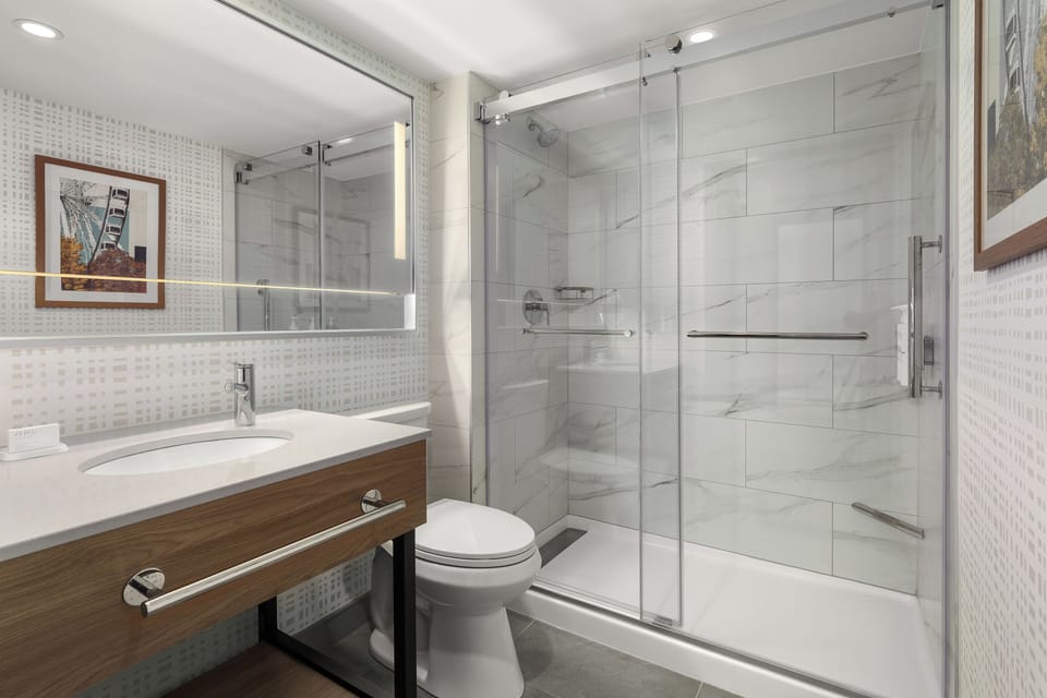 Combined shower/tub, free toiletries, hair dryer, towels