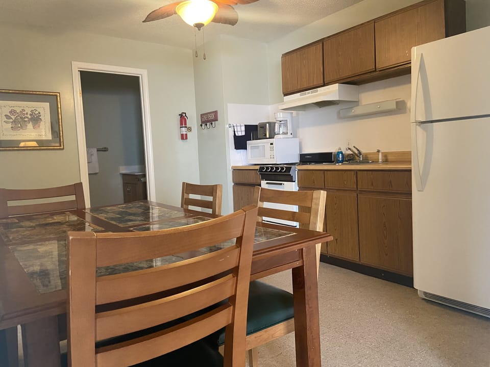 Fridge, microwave, electric kettle, toaster
