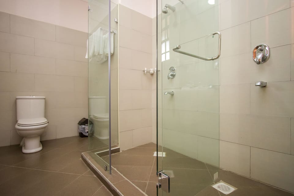 Shower, rainfall showerhead, free toiletries, slippers
