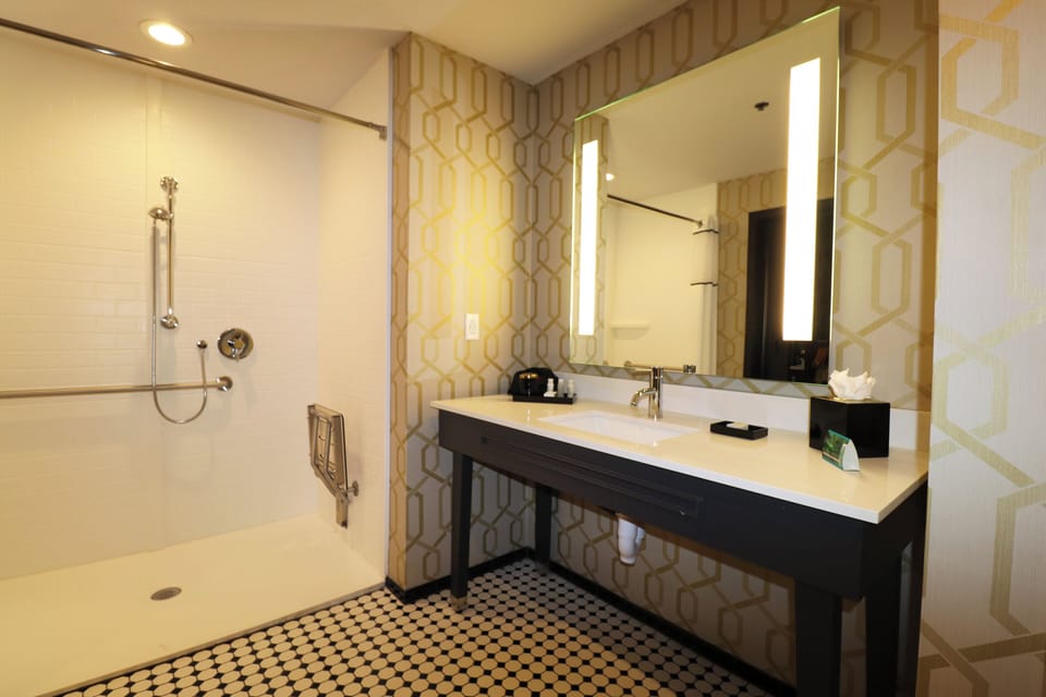Standard Room, 1 King Bed, Accessible (Communications, Roll-In Shower) | Bathroom | Shower, free toiletries, hair dryer, towels