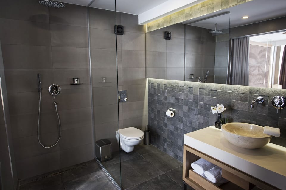 Shower, free toiletries, hair dryer, towels