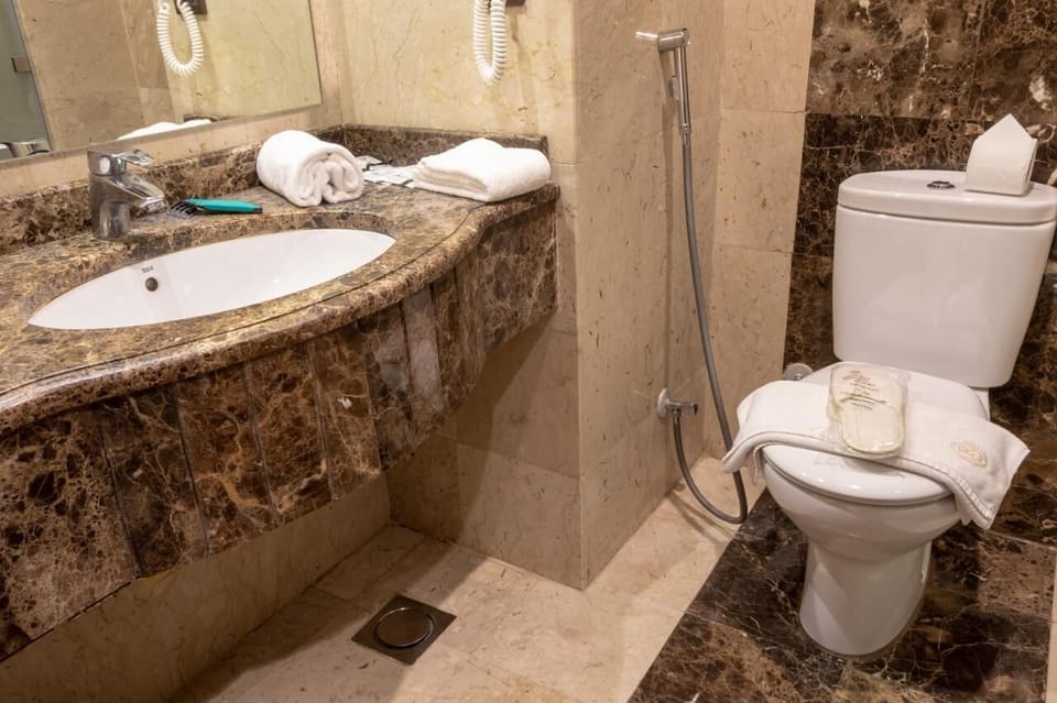 Shower, free toiletries, hair dryer, towels