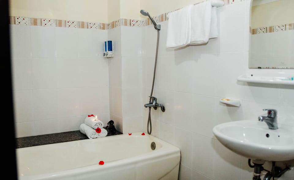 Shower, hydromassage showerhead, free toiletries, hair dryer