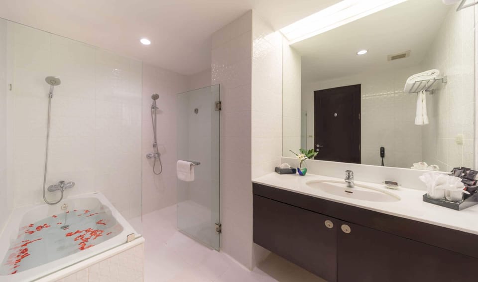 Combined shower/tub, free toiletries, hair dryer, towels