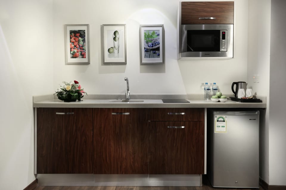 Fridge, microwave, stovetop, electric kettle
