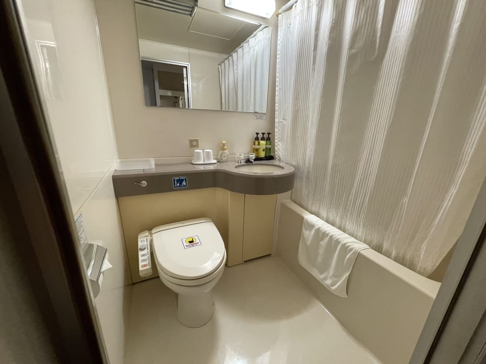 Combined shower/tub, free toiletries, hair dryer, slippers
