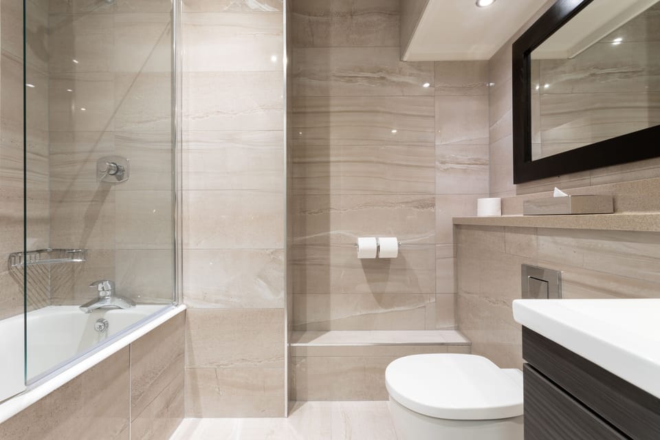 Combined shower/tub, free toiletries, hair dryer, towels