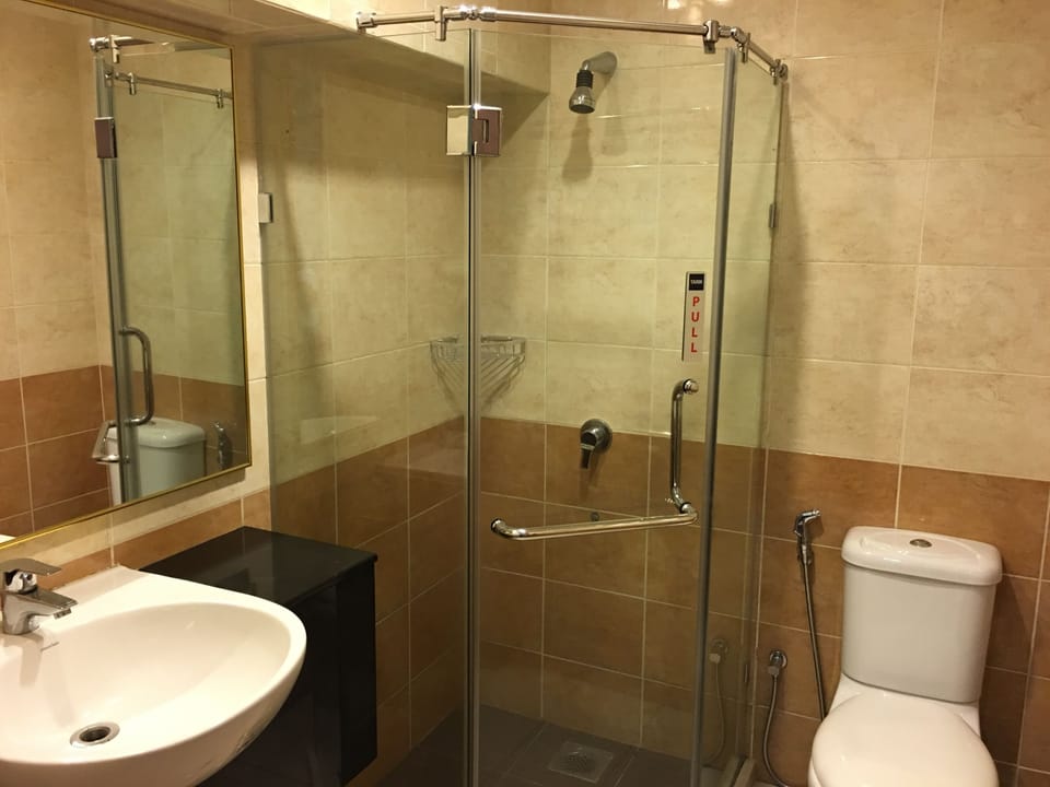 Shower, free toiletries, hair dryer, towels