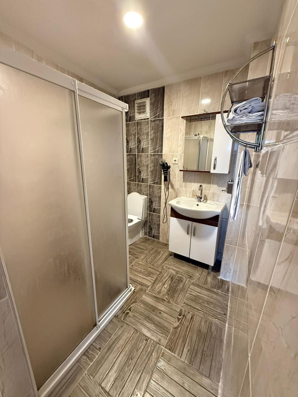 Shower, hair dryer, towels