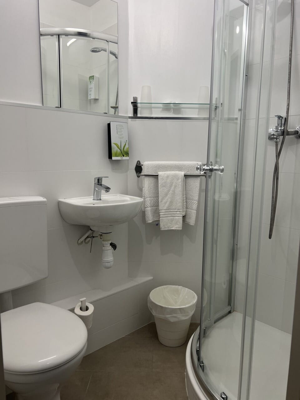 Shower, free toiletries, hair dryer, towels