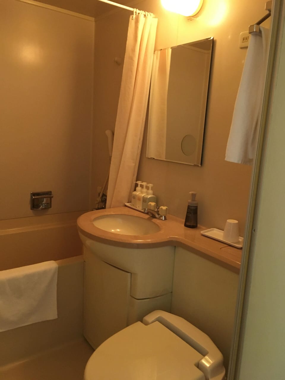 Combined shower/tub, free toiletries, hair dryer, slippers