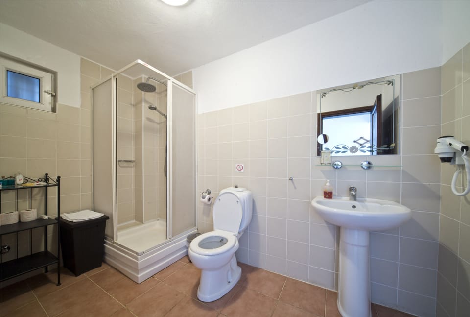 Shower, free toiletries, hair dryer, slippers