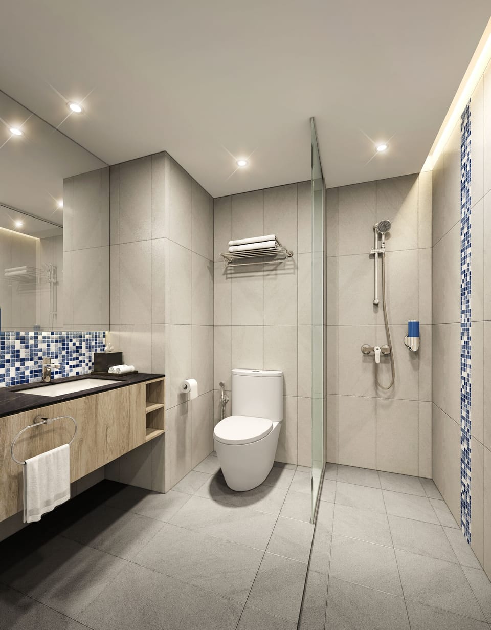 Shower, hydromassage showerhead, free toiletries, hair dryer