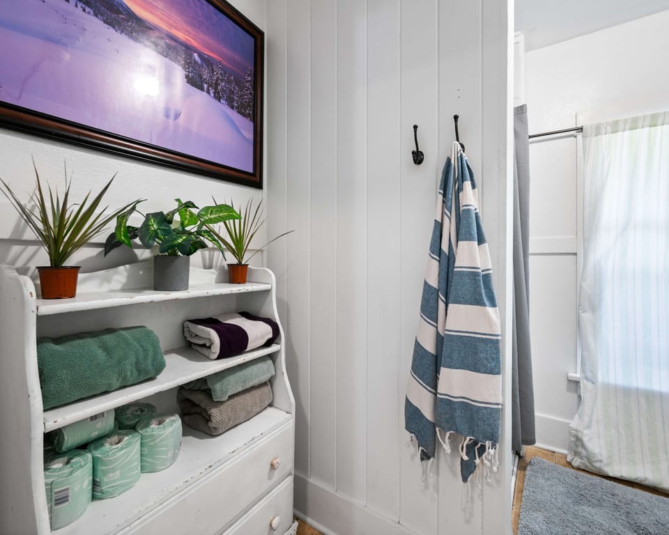 Shower, free toiletries, towels, soap