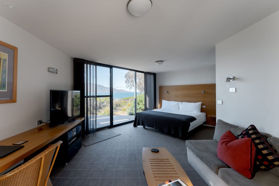 Ocean View Studio | Desk, blackout drapes, soundproofing, iron/ironing board