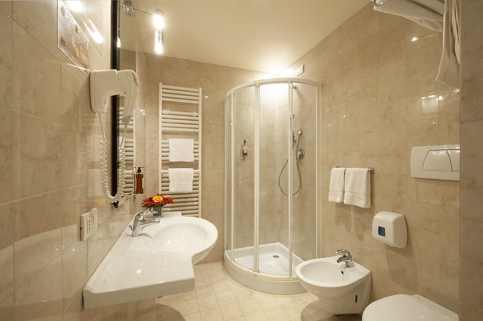Shower, free toiletries, hair dryer, slippers