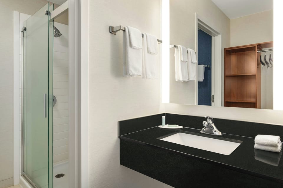 Combined shower/tub, free toiletries, hair dryer, towels