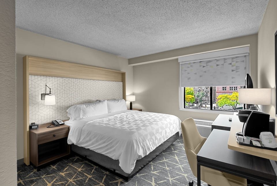 Premium bedding, pillowtop beds, desk, laptop workspace