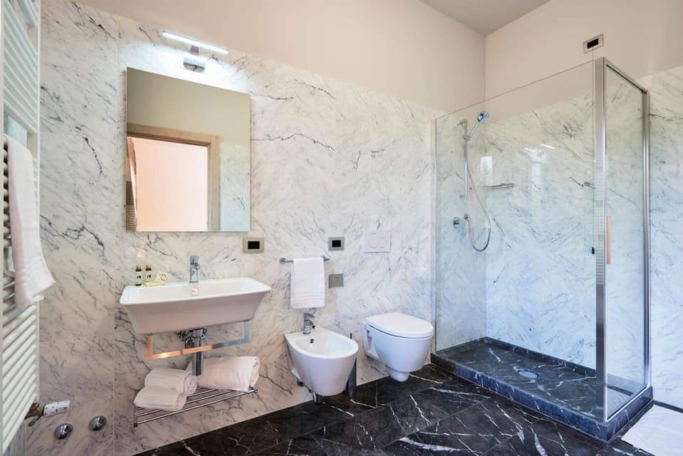 Shower, free toiletries, hair dryer, bidet