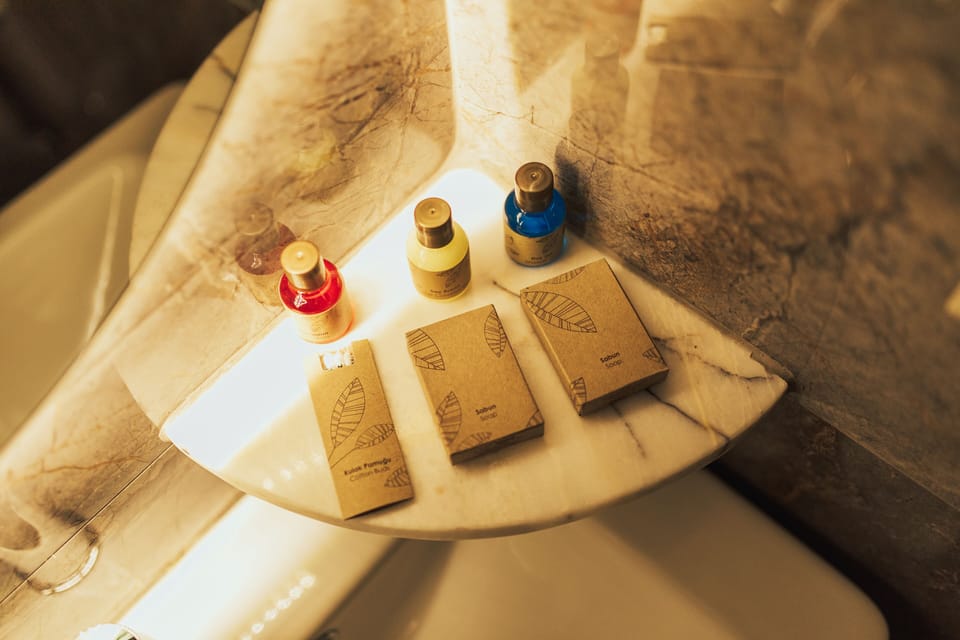 Shower, free toiletries, slippers, bidet