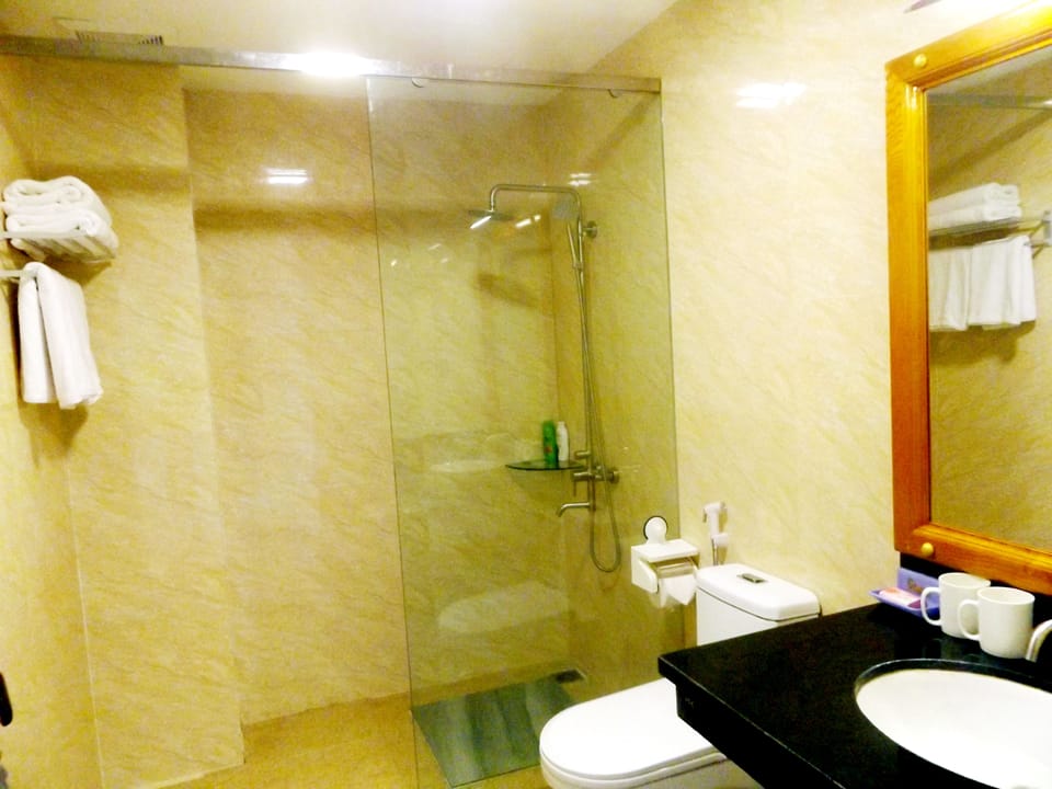 Shower, free toiletries, hair dryer, slippers