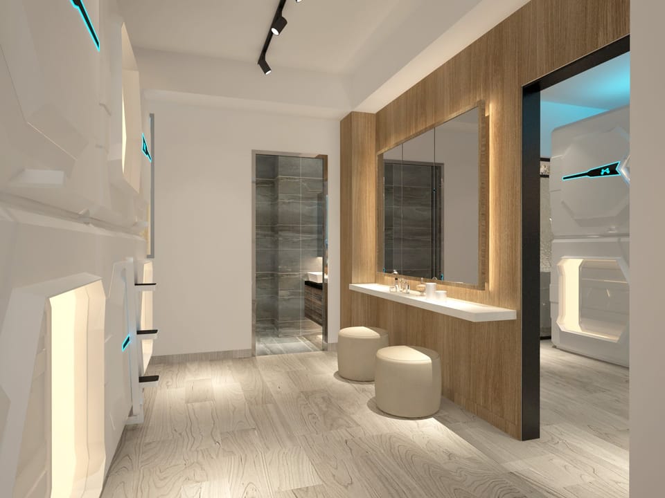 Shower, rainfall showerhead, free toiletries, hair dryer