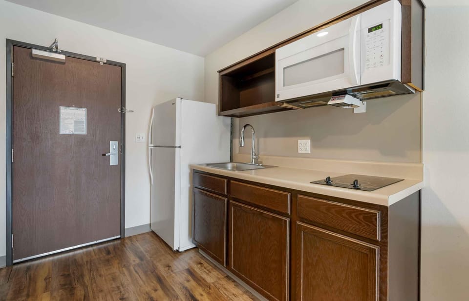 Full-size fridge, microwave, stovetop, freezer
