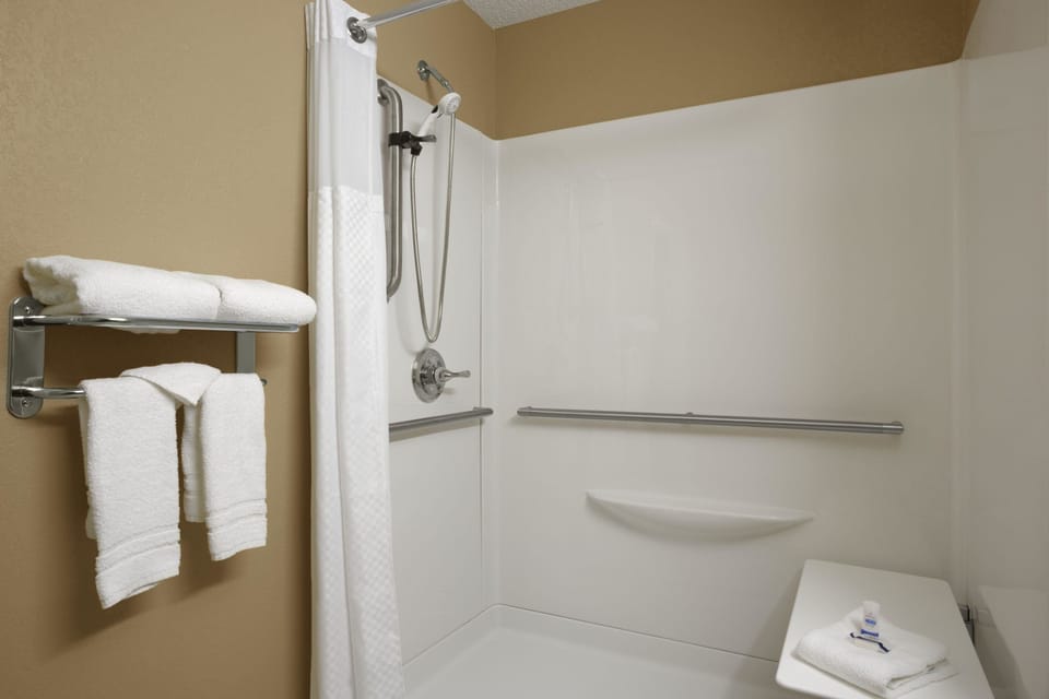 Room, 1 Queen Bed, Accessible, Non Smoking (Mobility,Roll-In Shower) | Bathroom | Combined shower/tub, free toiletries, hair dryer, towels
