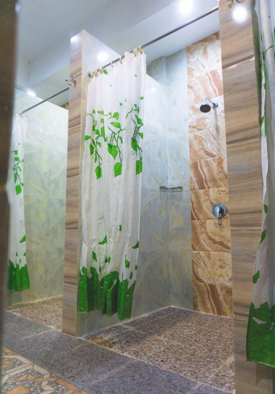 Shower, rainfall showerhead, towels