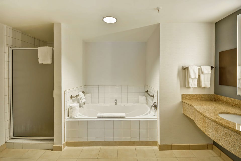 Combined shower/tub, free toiletries, hair dryer, towels