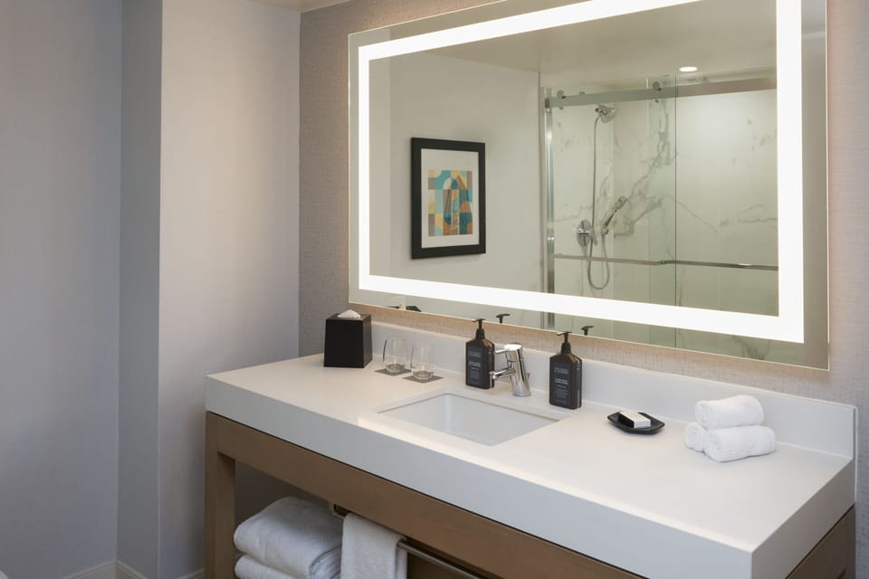 Combined shower/tub, eco-friendly toiletries, hair dryer, towels