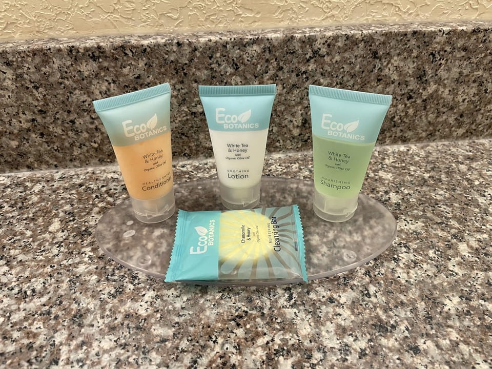 Combined shower/tub, free toiletries, hair dryer, towels