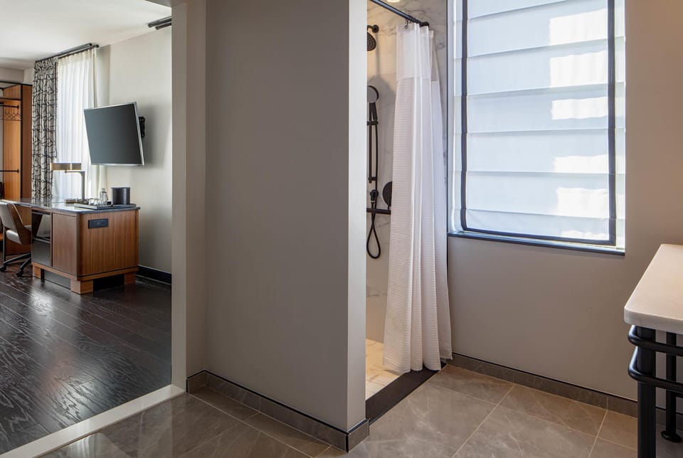 Room, 2 Queen Beds, Accessible (Transfer Shower) | Bathroom | Shower, designer toiletries, hair dryer, slippers