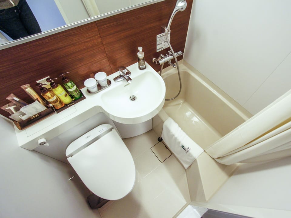 Combined shower/tub, free toiletries, hair dryer, slippers